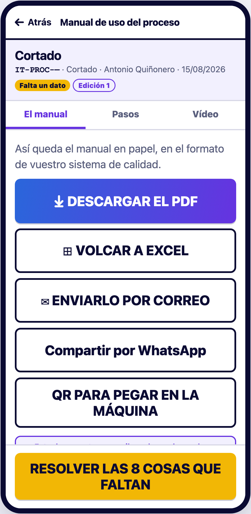 La app señalando los datos que faltan